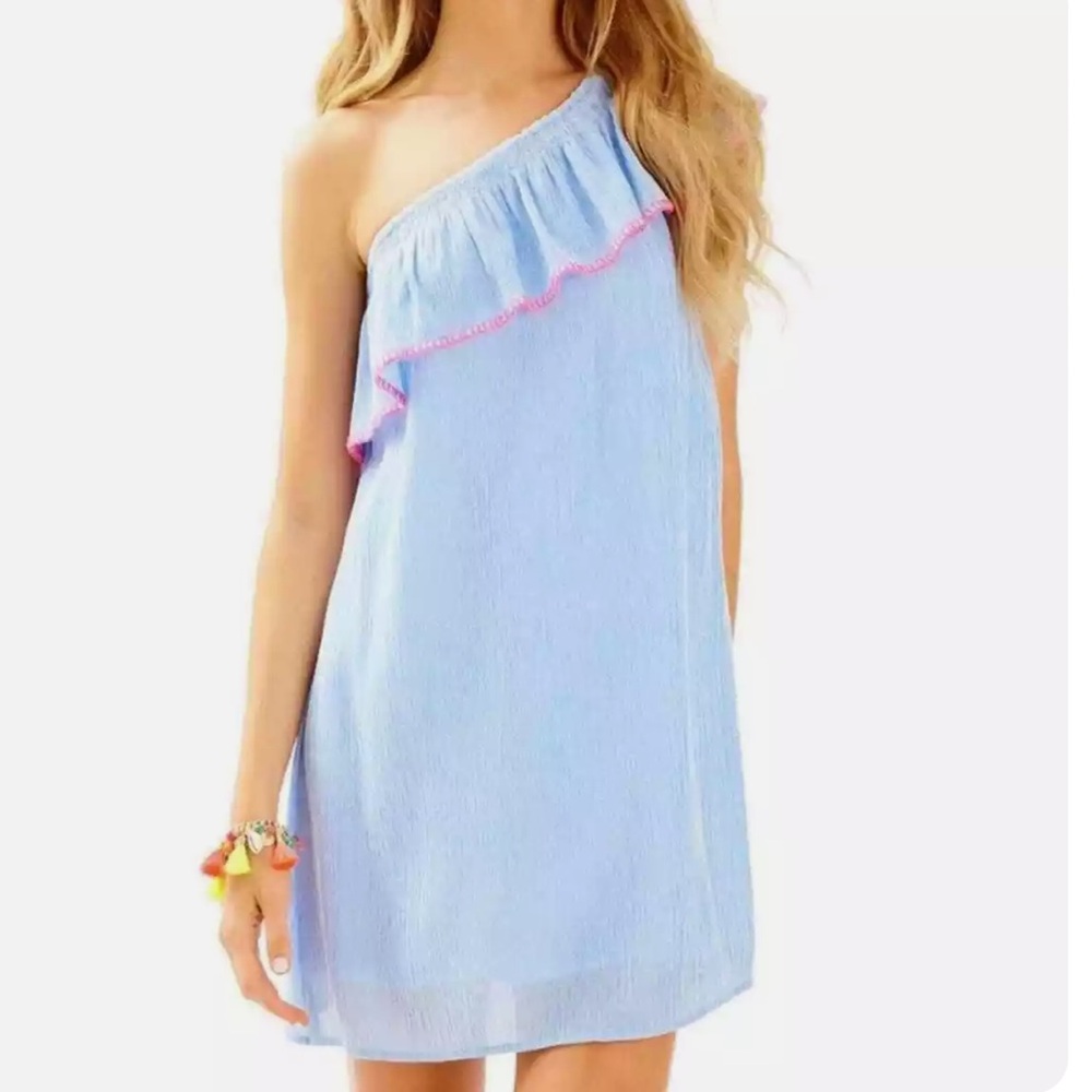 One-Shoulder Light Blue Ruffle Summer Dress